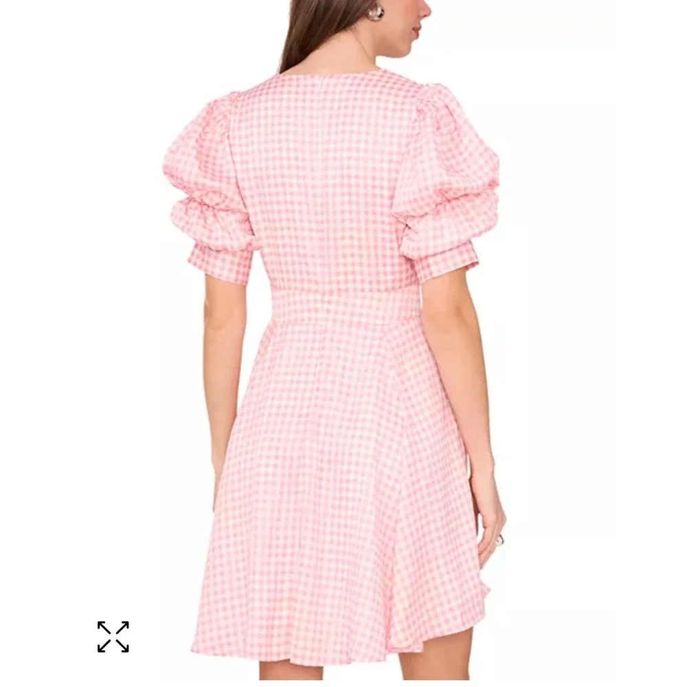 1. State Dress Small Puff Sleeve V Neck Mini Dress Pink Gingham Baby Doll Dress - Picture 2 of 7